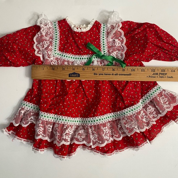 VTG 1980s Bryan Baby Girl 6-9MRed Calico Christmas Dress Lace Green Ribbon Prair - Picture 6 of 15